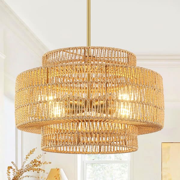 4-Light Gold Dimmable Hand-Woven Rattan Bohemian Drum Chandelier for Living Room Kitchen Entryway Hallway Foyer
