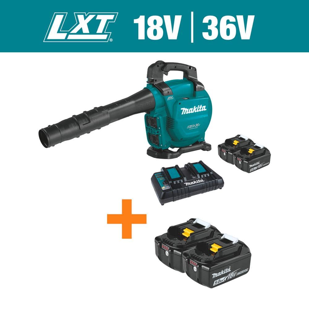 120 MPH 473 CFM LXT 18V X2 (36V) Li-Ion Brushless Leaf Blower Kit (5.0 Ah) with LXT 18V Battery Pack 5.0 Ah (2-Pk) -  Makita, XBU04PT-BL18502