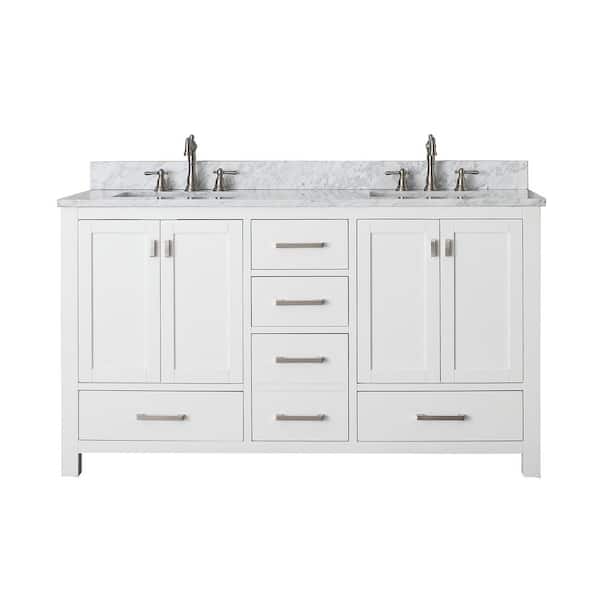 Avanity Modero 61 in. W x 22 in. D x 35 in. H Vanity in White with Marble Vanity Top in Carrera White and White Basins