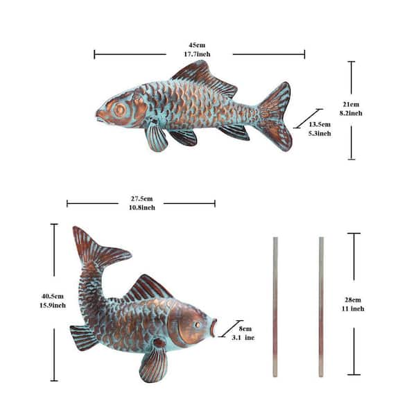 2 Koi Fish Antique Copper Outdoor Garden Statues 0987DMXGB - The