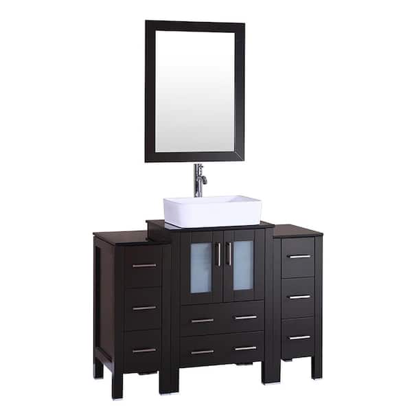 Bosconi 48 in. W Single Bath Vanity with Tempered Glass Vanity Top in Black with White Basin and Mirror
