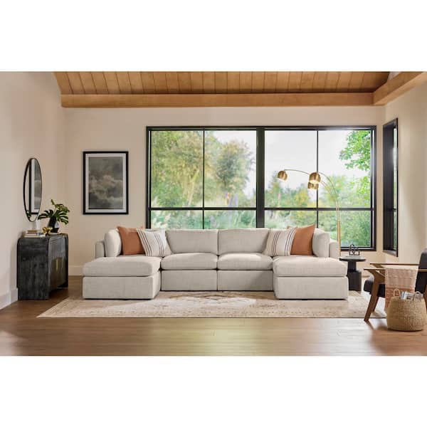 Thornton 136 in. Modular Track Arm Peformance Fabric 6-Piece U-Shaped Sectional Sofa in Wheat Beige