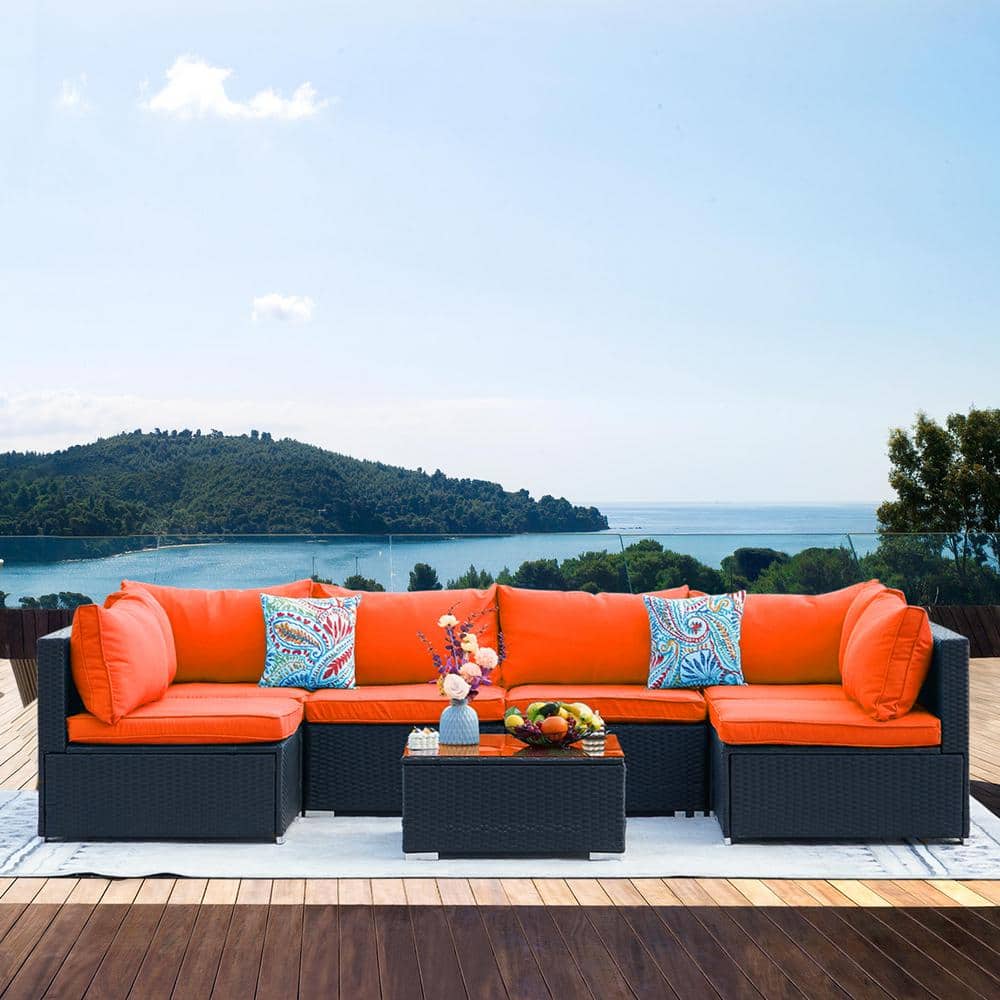 Black Frame 7-Piece Wicker Patio Conversation Set with Orange Cushions Pill