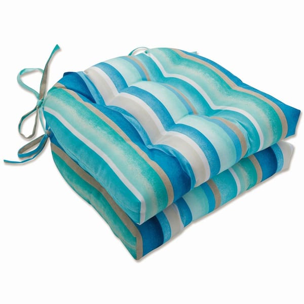 Pillow Perfect Striped 17.5 x 17 Outdoor Dining Chair Cushion in Blue/Tan/White (Set of 2)