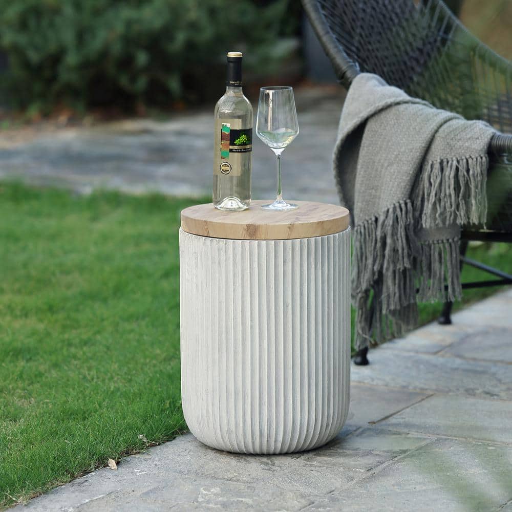 Gray Cement and Faux Wood Round Patio Side Table with Storage