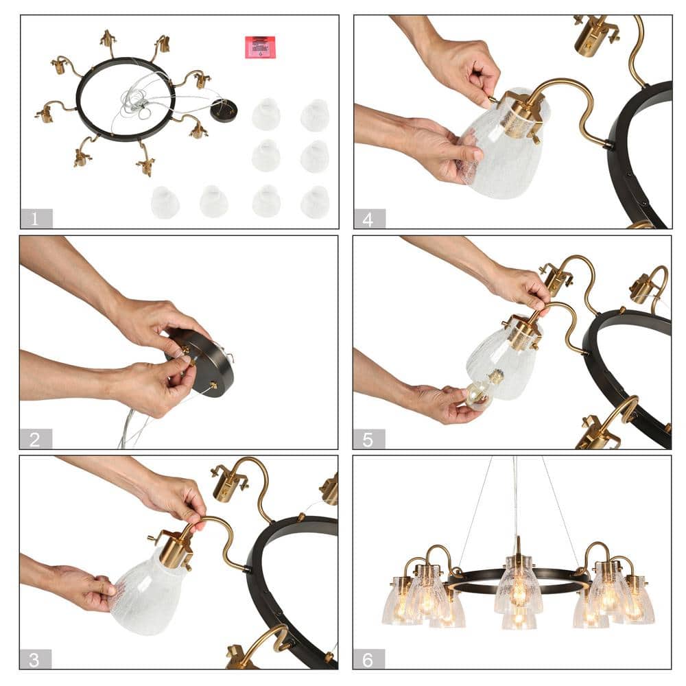 Modern Black and Gold 8-Light Crackled Glass Chandelier
