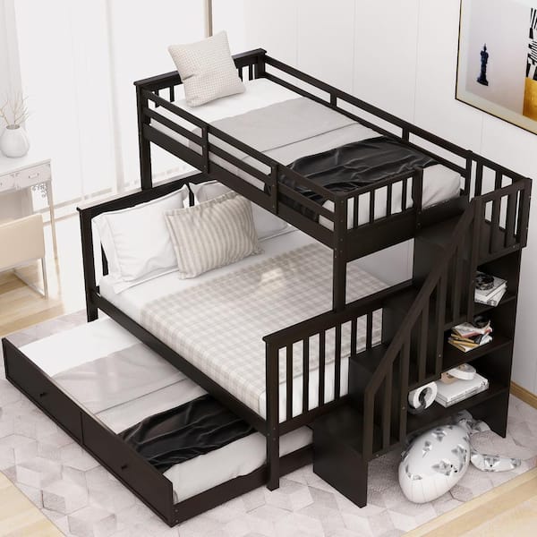 Espresso Stairway Twin Over Full Bunk Bed with Trundle, Storage and Guard Rail(91.73 in. L x 54.33 in. W x 61.4 in. H)