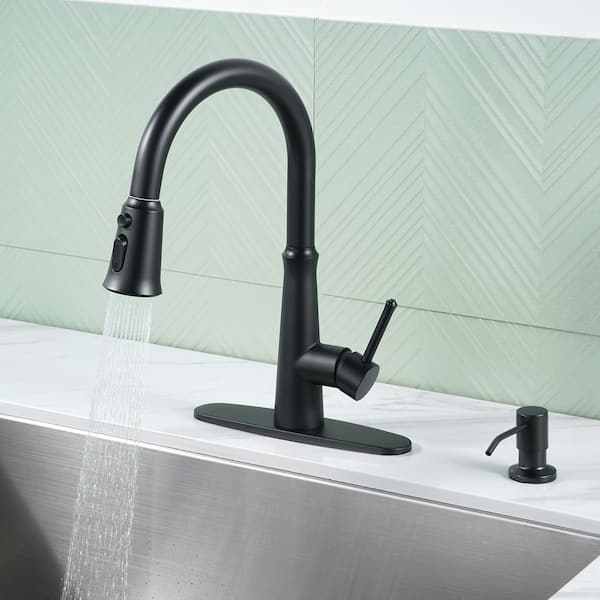 Stainless Steel Single Handle Pull Down Sprayer Kitchen Faucet with 3-Mode Spray, Soap Dispenser in Matte Black