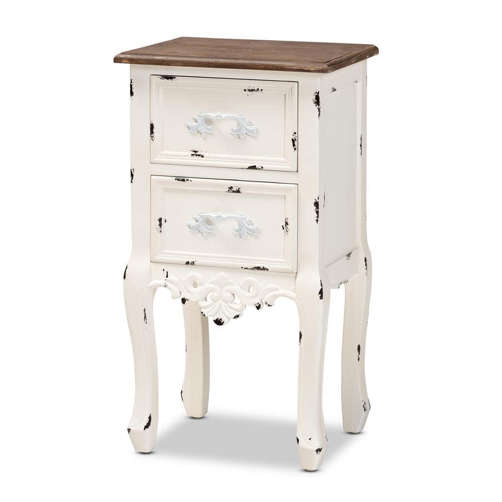 Walnut Brown & Antique White 2-Drawer Mid-Century Nightstand