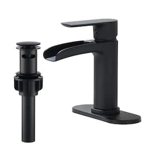 Waterfall Single Hole Single Handle Bathroom Vessel Sink Faucet with Pop-Up Drain in Matte Black