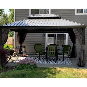 12 ft. x 16 ft. Gray Aluminum Hardtop Gazebo Canopy for Patio Deck Backyard Heavy-Duty with Netting and Curtains