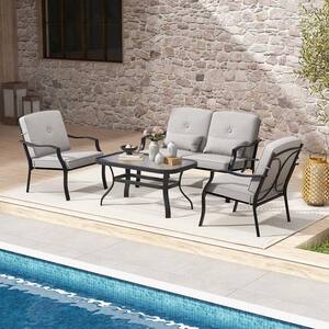 4 PCS Patio Metal Patio Conversation Set Outdoor Sofa Tempered Glass Coffee Table with Gray Cushions