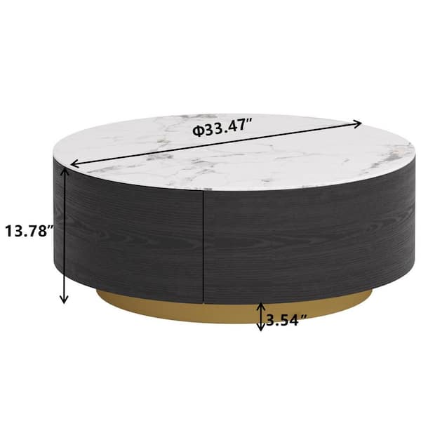 33 in. White/Black Round Stone Top Coffee Table with Storage