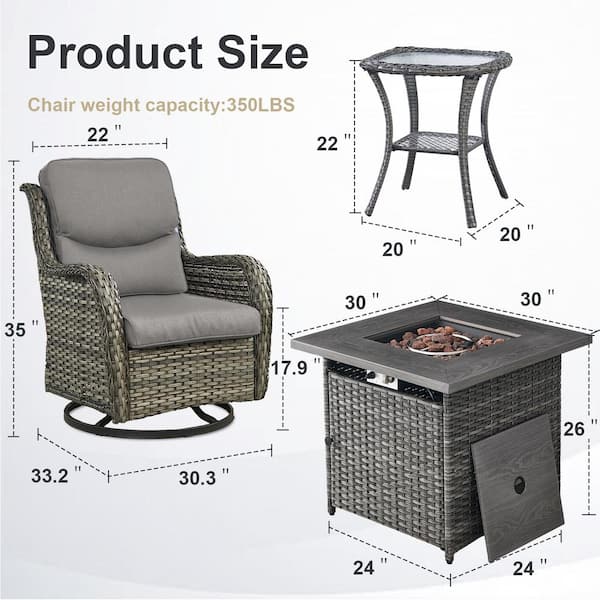 Opohoro 7-Piece Gray Wicker Outdoor Square Fire Pit Conversation