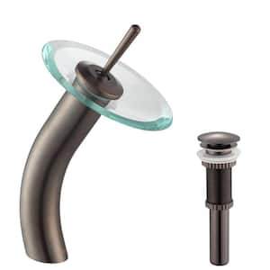 Single-Handle Waterfall Bathroom Vessel Sink Faucet in Oil Rubbed Bronze with Glass Disk in Clear