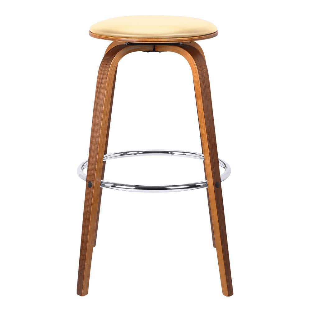 Cream and Walnut Swivel Backless Mid-Century Modern Bar Stool