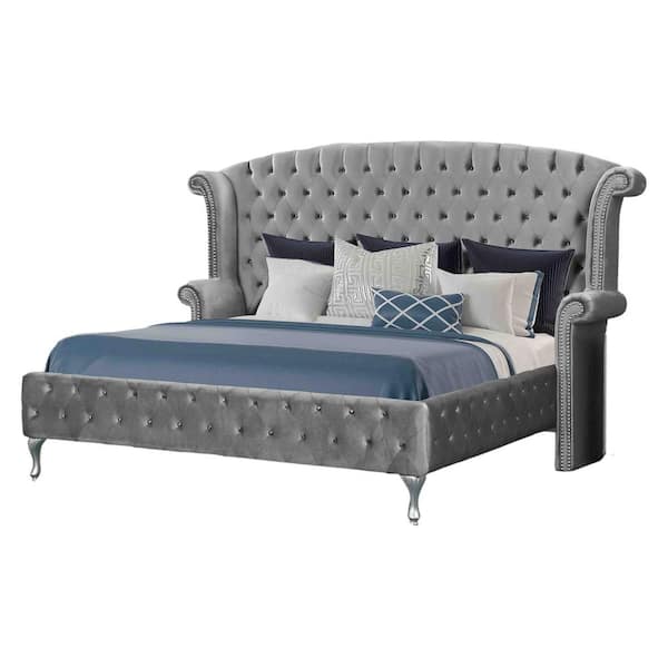 Best Master Furniture Bel-Air Grey California King Crushed Velvet With Crystal Studs Bed