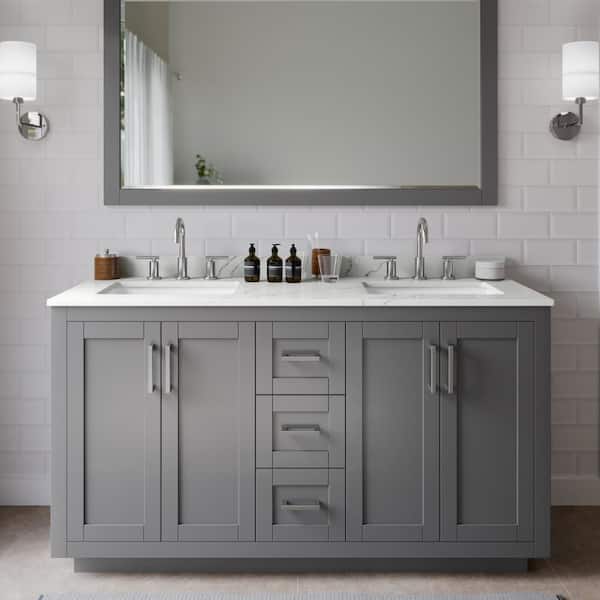 Wyndham Collection Miranda 60 in. W x 22 in. D x 33.75 in. H Double Bath Vanity in Dark Gray with Giotto Quartz Top and 58 in. Mirror