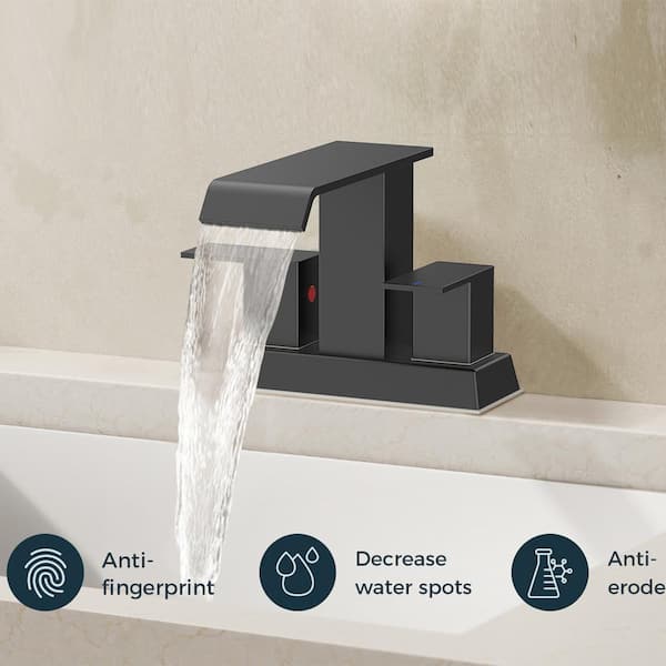 4 in. Centerset Double Handle Low Arc Bathroom Faucet with Pop-up Drain Kit Included in Matte Black