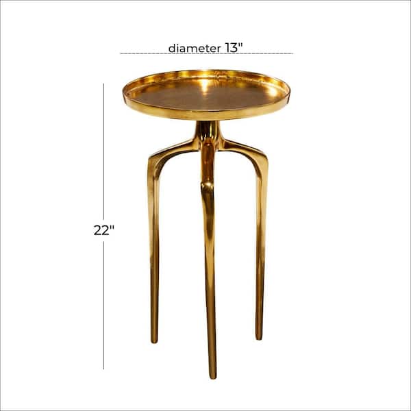 13 in. Gold Tray Inspired Top Large Round Aluminum End Accent Table with 3 Tripod Legs