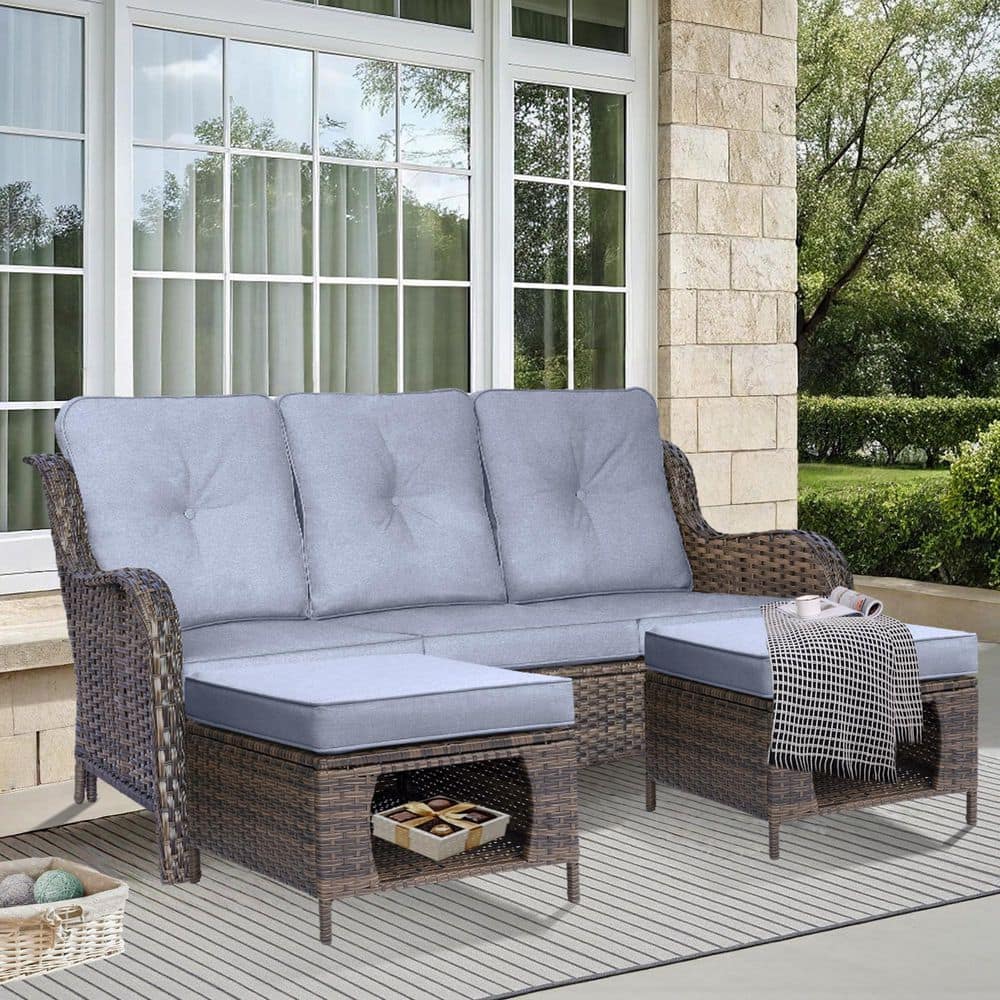 Brown 3-Piece Wicker Outdoor Patio Conversation Seating Sofa Sectional Set with Gray Cushions and Ottoman price history on PriceWatchPro