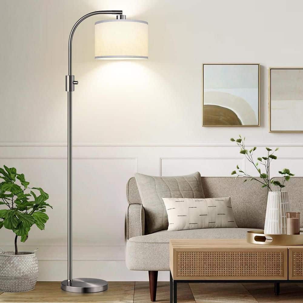 65 in. Silver 1-Light Dimmable Arc Floor Lamp with Linen Shade and 9W ...