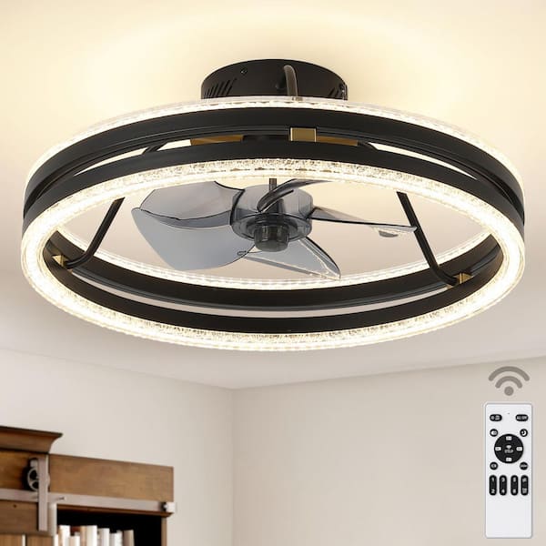 19.7 in. Black LED Low Profile Flush Mount Propeller Ceiling Fan with Dimmable Light Remote Control Clear Fan Blades