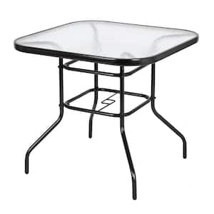 32 in. Square Black Metal Outdoor Dining Table with Umbrella Hole