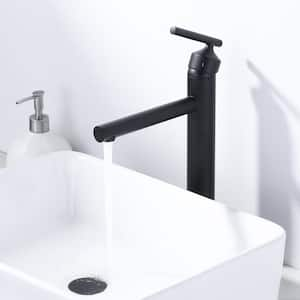 Tall Vessel Single Handle Single Hole Bathroom Faucet with DrainKit and Deckplate Included in Matte Black