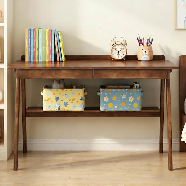 Ezra Modern 47.24 in. Rectangular Walnut Solid Wood 2-Drawer Writing Desk with Side Hooks and Storage Shelf