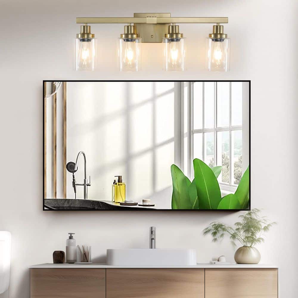 24 in. 4-Light Gold Vanity Light with Industrial Wall Sconce Glass ...