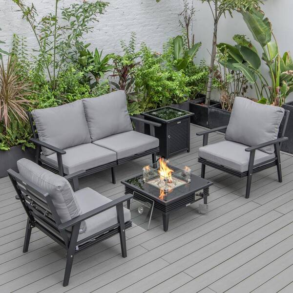 Leisuremod Walbrooke Black 5-Piece Aluminum Square Patio Fire Pit Set with Grey Cushions, Slats Design and Tank Holder
