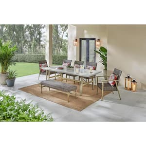 Solace Hill 7-Piece Padded Wicker Outdoor Dining Set with Padded Wicker Bench