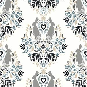 30.75 sq. ft. Bluestone and Grey Spring Damask Vinyl Peel and Stick Wallpaper Roll