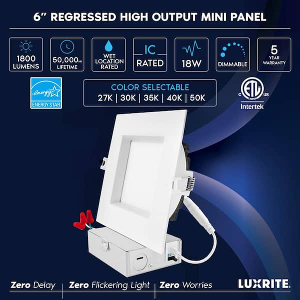 6 in. Square Canless with J-Box 18W 5CCT Selectable 1800LM Remodel IC Rated Integrated LED Recessed Light Kit (6-Pack)