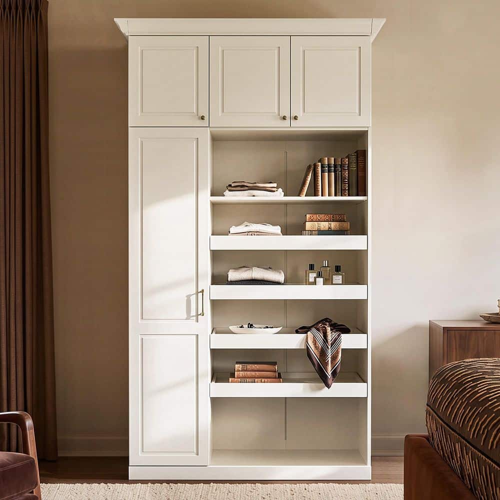 Cream Wood 59.1 in. Armoire with Pull-Out Drawers, Cabinet Doors, Top Cabinet Storage, Anti-Tip Hardware For Bedroom