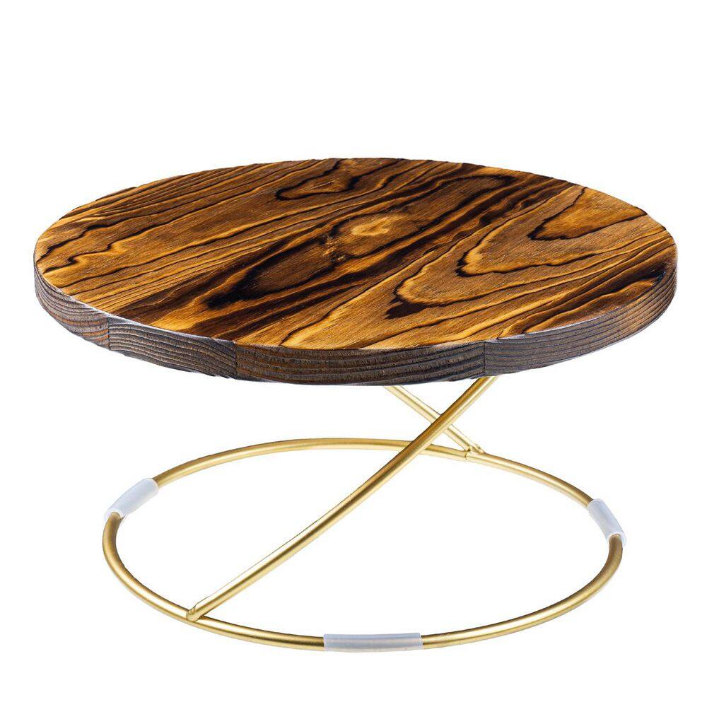 11 in. 1-Tier Rustic Wood Round Cake Stand with Gold Tone Metal Wire Base for Wedding, Party, Dessert, Cupcake, Brown