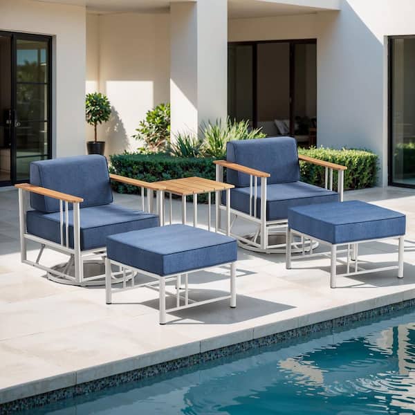 Puffin 5-Piece White Metal Swivel Gliders Patio Conversation Set with 6 in. Thick Navy Blue Cushions and Ottomans