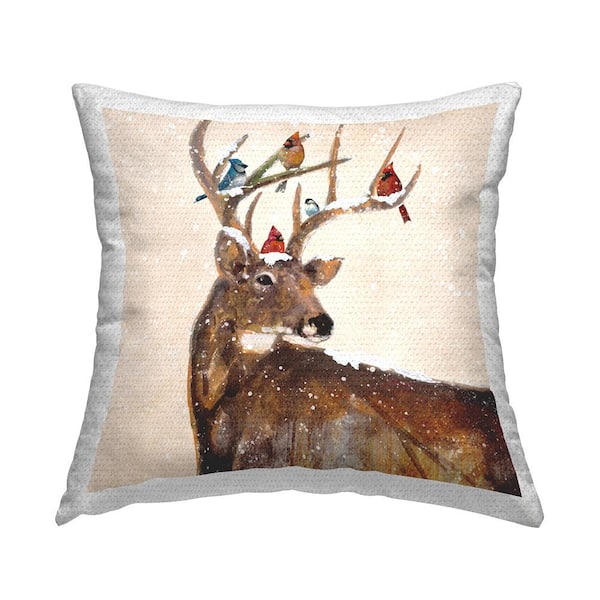 Snowy Birds Perched Reindeer Antlers Beige Square Outdoor Throw Pillow