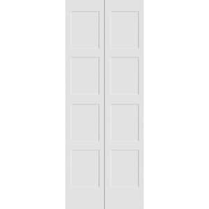 30 in. x 80 in. Solid Wood Primed White Unfinished MDF 4-Panel Shaker Bi-Fold Door with Hardware