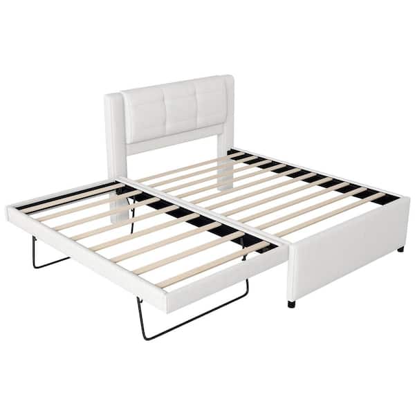 Beige Wood Frame Full Platform Bed with Trundle
