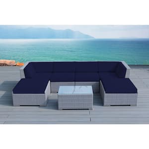 Gray 7-Piece Wicker Patio Seating Set with Sunbrella Navy Cushions