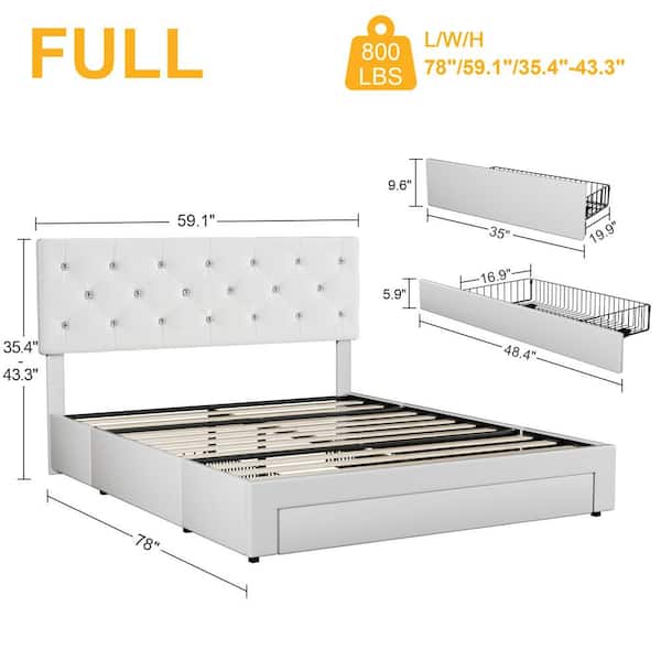 Upholstered Bed with Storage 3-Drawers, White Metal Frame Full Platform Bed with Faux Leather Tufted Headboard