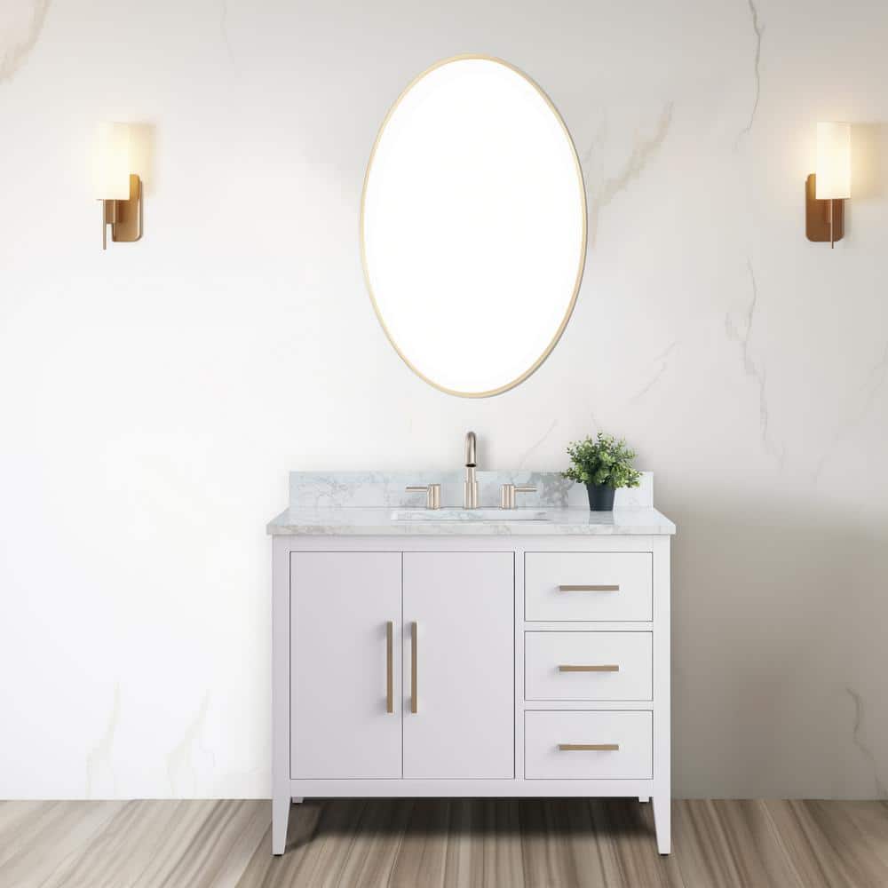 42'' White MDF Freestanding Single Bathroom Vanity with Engineered Marble Top