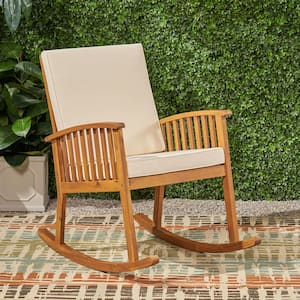 Casa Brown Patina Wood Outdoor Patio Rocking Chair with Cream Cushions