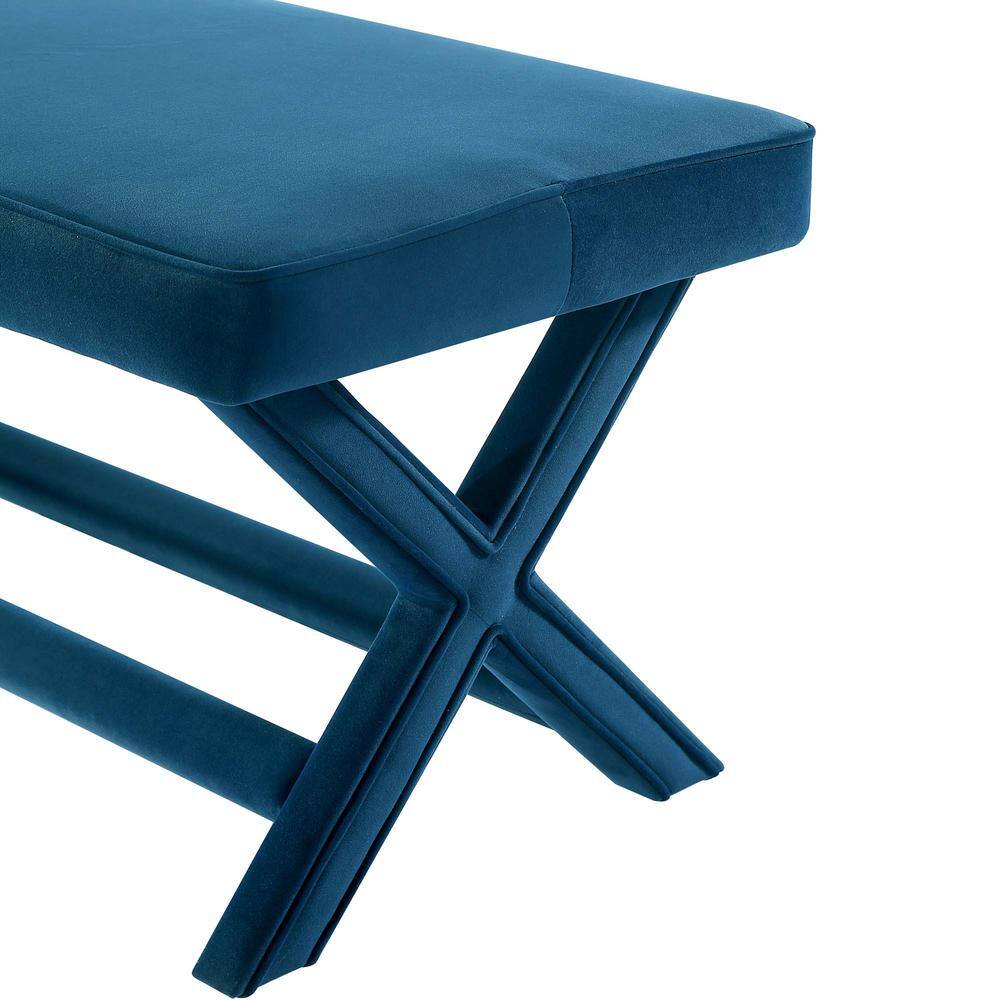 Abigail Blue Velvet Upholstered Double Ottoman with Solid Wood Frame