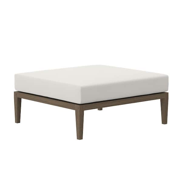 Northlake Teak Outdoor Ottoman in Weathered Gray White Large Square Patio Footrest with Cushion