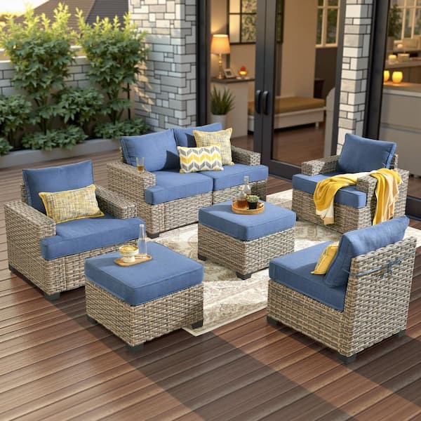 Silvae Gray 7-Piece Wicker Outdoor Patio Conversation Sectional Sofa Set with Denim Blue Cushion and 2 Ottomans
