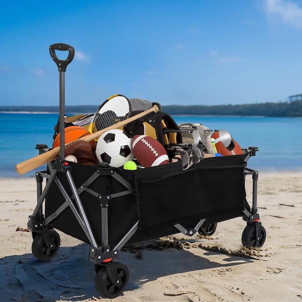 COOS BAY 4.3 cu. ft. Oxford Fabric Garden Cart with Wheels, Adjustable Handle, Side Pockets and Cup Holders, Black