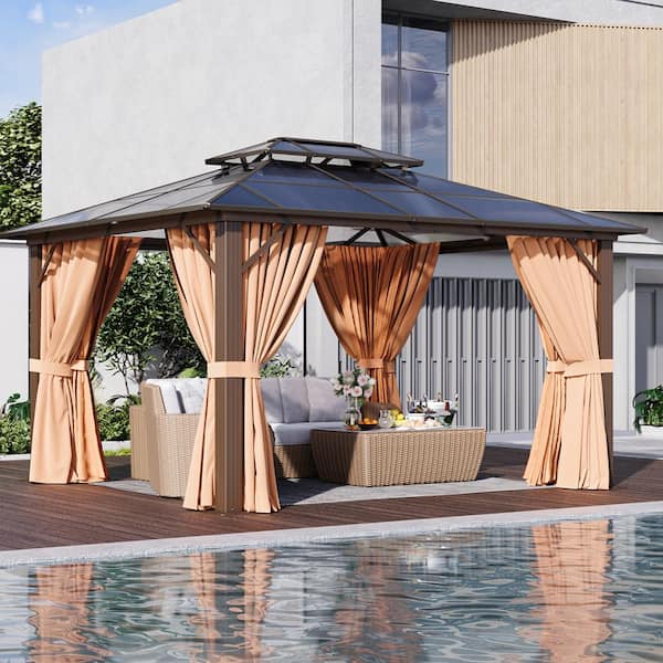 12 ft. W x 10 ft. D Outdoor Polycarbonate Double Roof Hardtop Gazebo with Netting and Curtains for Backyard